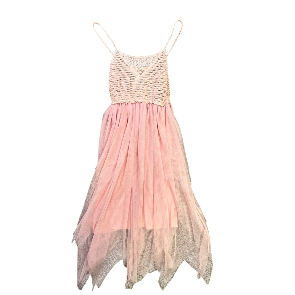 MiLady Italy Pink Crochet Tulle Maxi Dress Spaghetti Strap Fairycore Boho 48in - Picture 2 of 13